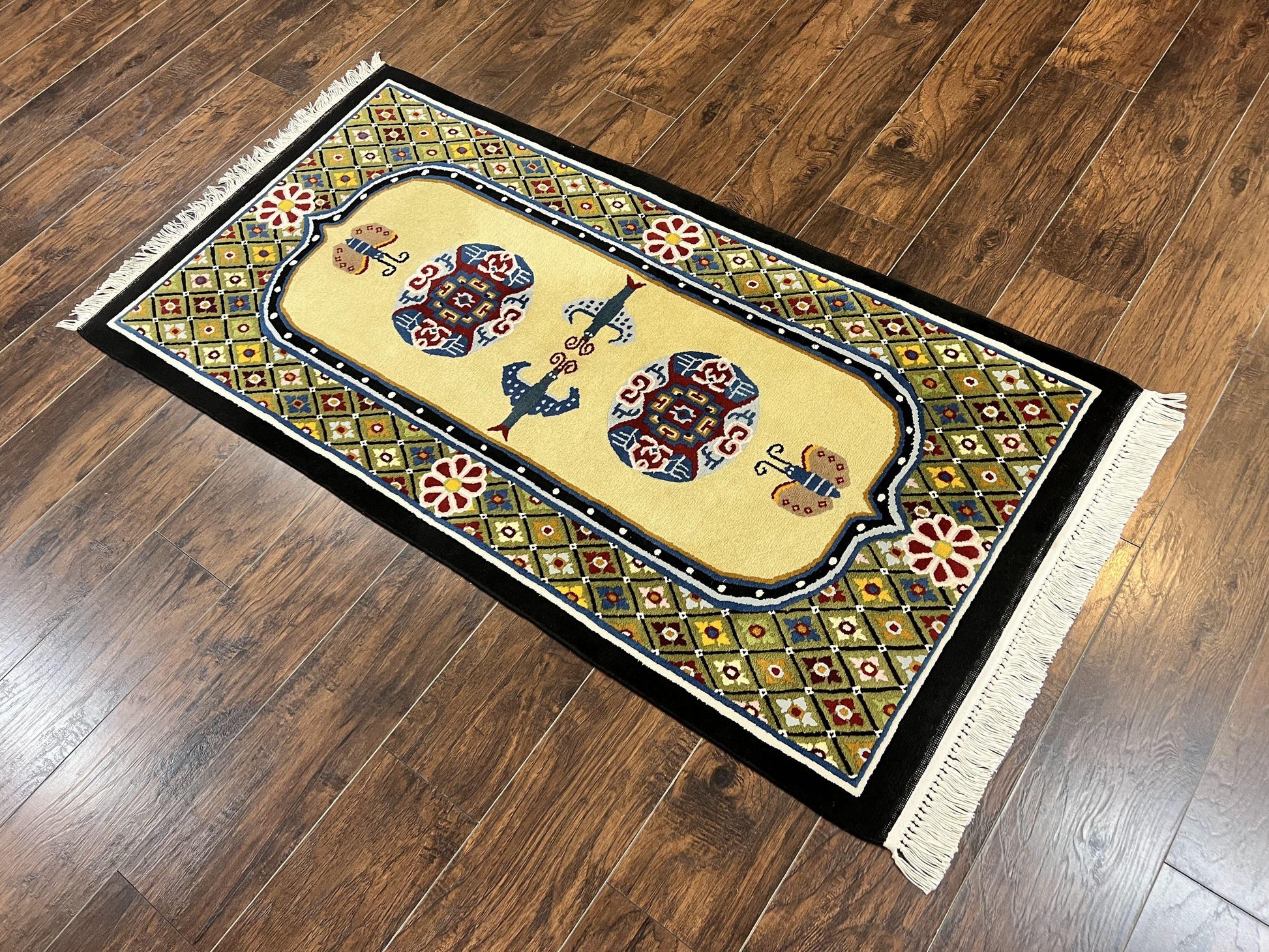 Chinese Rug 3x6 ft, Chinese Wool Rug, Tiensin Rug, Handmade Wool 3 x 6 Vintage Peking Rug, Art Deco Rug, Butterflies - Nuvé