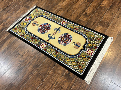 Chinese Rug 3x6 ft, Chinese Wool Rug, Tiensin Rug, Handmade Wool 3 x 6 Vintage Peking Rug, Art Deco Rug, Butterflies - Nuvé