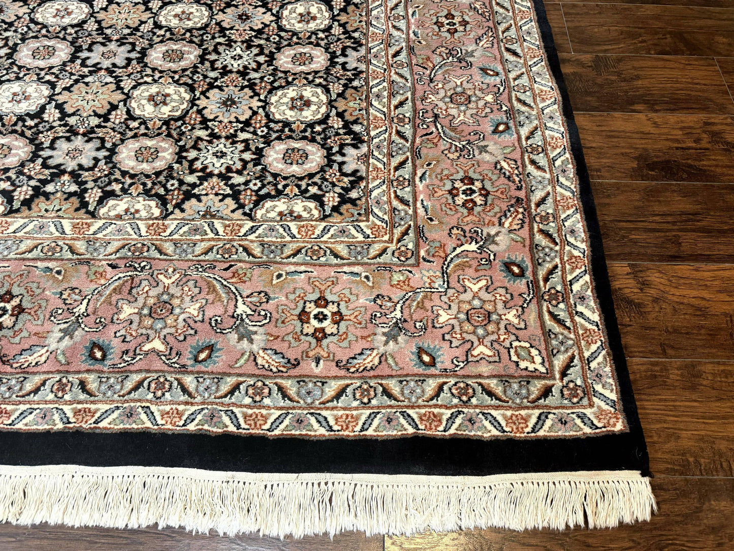 Indo Persian Rug 9x12, Vintage Handmade Wool Carpet, Repeated Allover Motif, Navy Blue and Pink - Nuvé