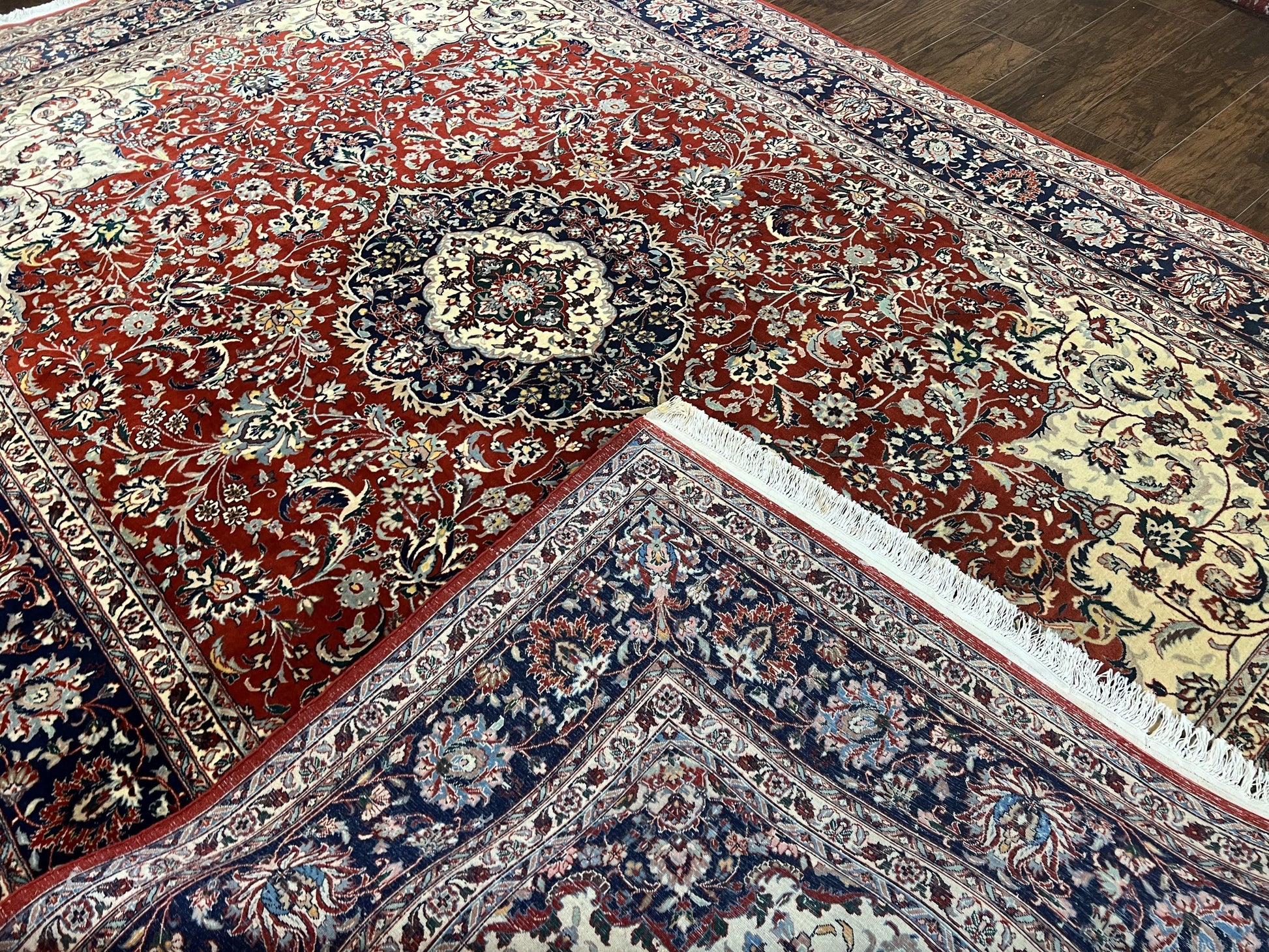 Fine Sino Persian Rug 7x10 ft, Floral Central Medallion Oriental Carpet, Red Navy Blue Cream, Hand Knotted Wool Traditional Vintage Rug - Nuvé