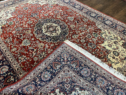 Fine Sino Persian Rug 7x10 ft, Floral Central Medallion Oriental Carpet, Red Navy Blue Cream, Hand Knotted Wool Traditional Vintage Rug - Nuvé