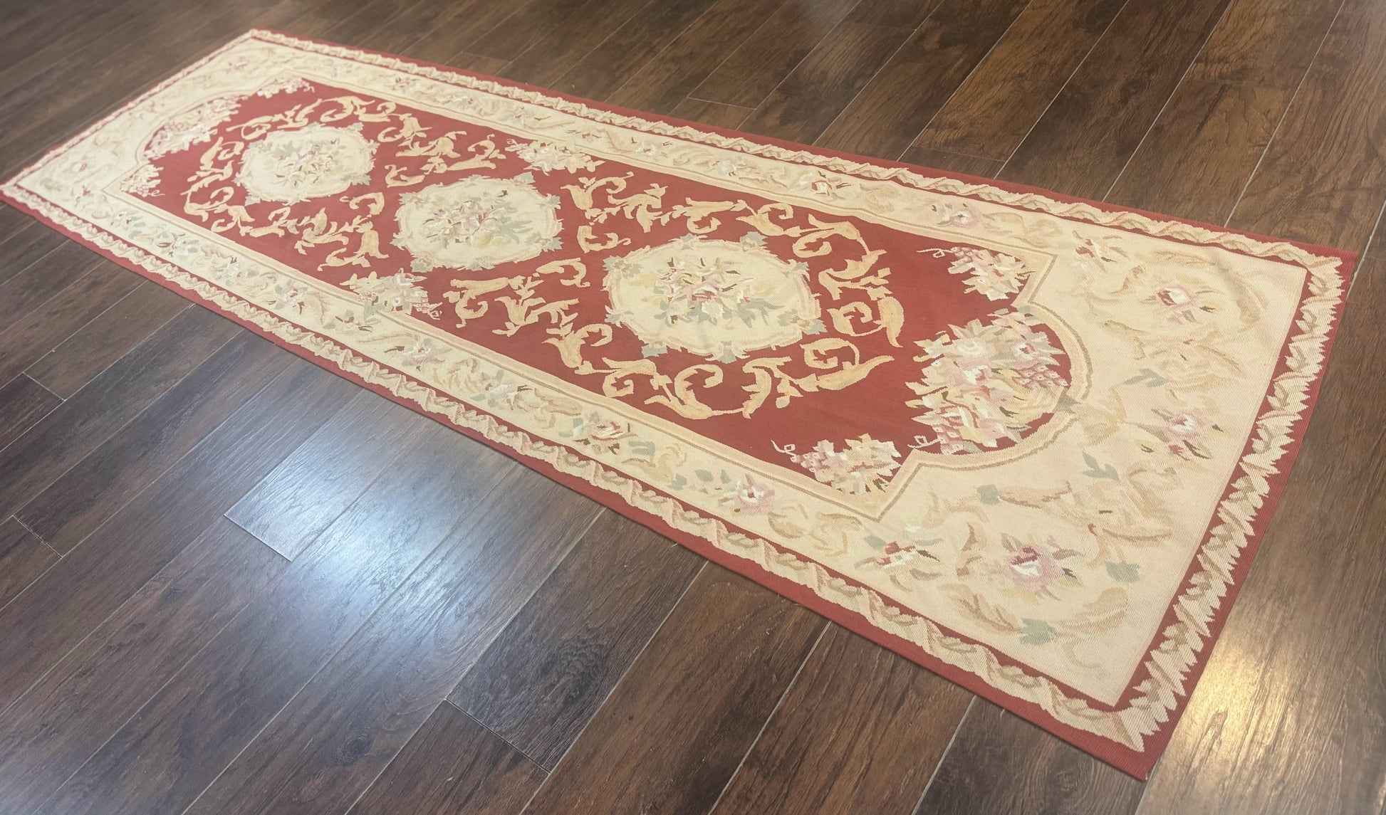 Aubusson Runner Rug 3x10, European Design, Red and Beige, Elegant, Handmade Wool Rug - Nuvé