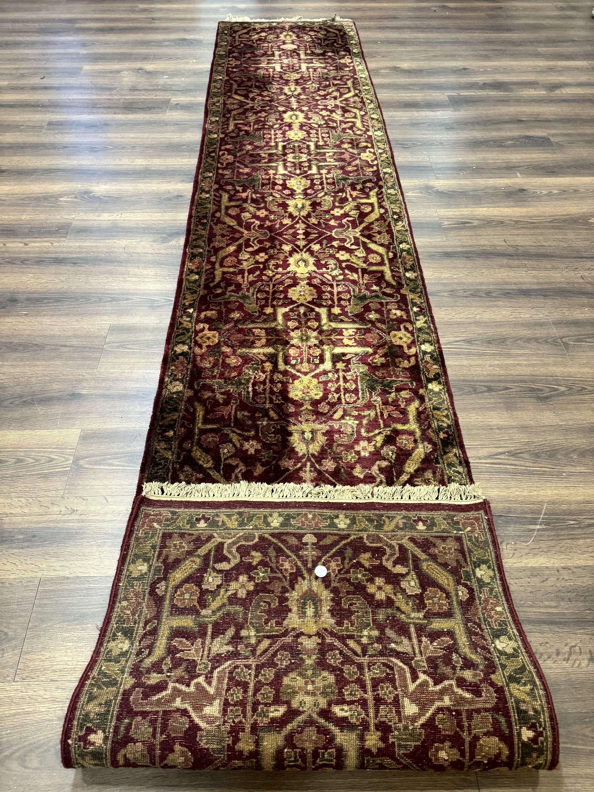 Indo Persian Runner Rug 2.7 x 13.8, Maroon, Wool, Handmade Indian Rug for Hallway - Nuvé