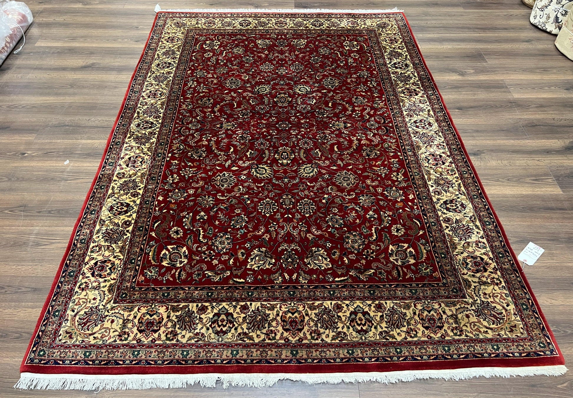 Vintage Indo Persian Rug 6x9, Very Finely Hand-Knotted Carpet 6 x 9 Red Cream Indian Oriental Carpet, Traditional Floral Wool Area Rug 1970s - Nuvé