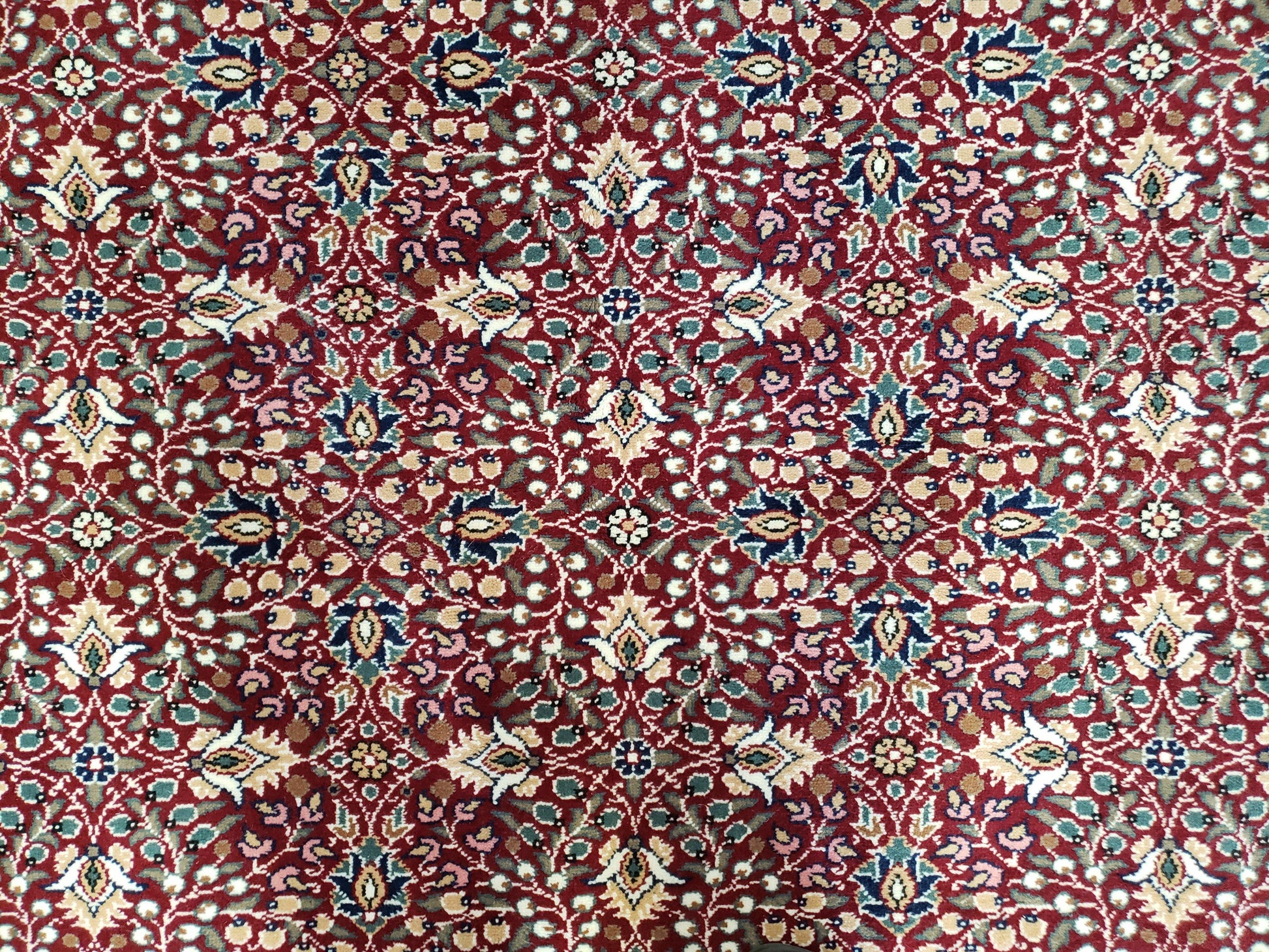 Vintage Turkish Sivas Area Rug 6.5 x 9.5, Wool Hand-Knotted Red & Midnight Blue Allover Floral Pattern Oriental Carpet, 6x9 Traditional Rug - Nuvé