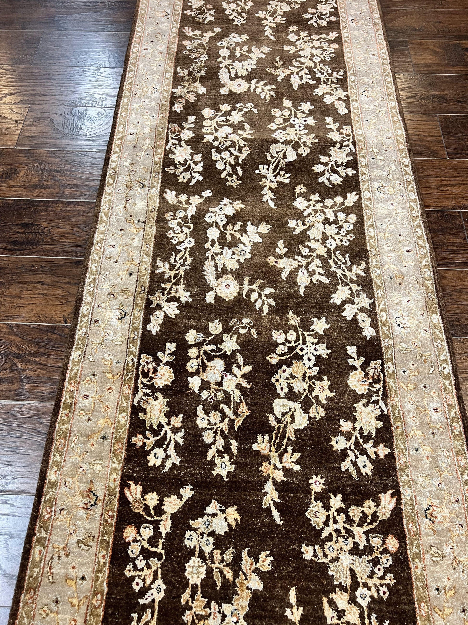 Peshawar Runner Rug 3 x 20, Wool Hand Knotted Vintage Pakistani Carpet, Brown & Taupe, Chobi Mahal Floral Rug, Extra Long Hallway Runner - Nuvé