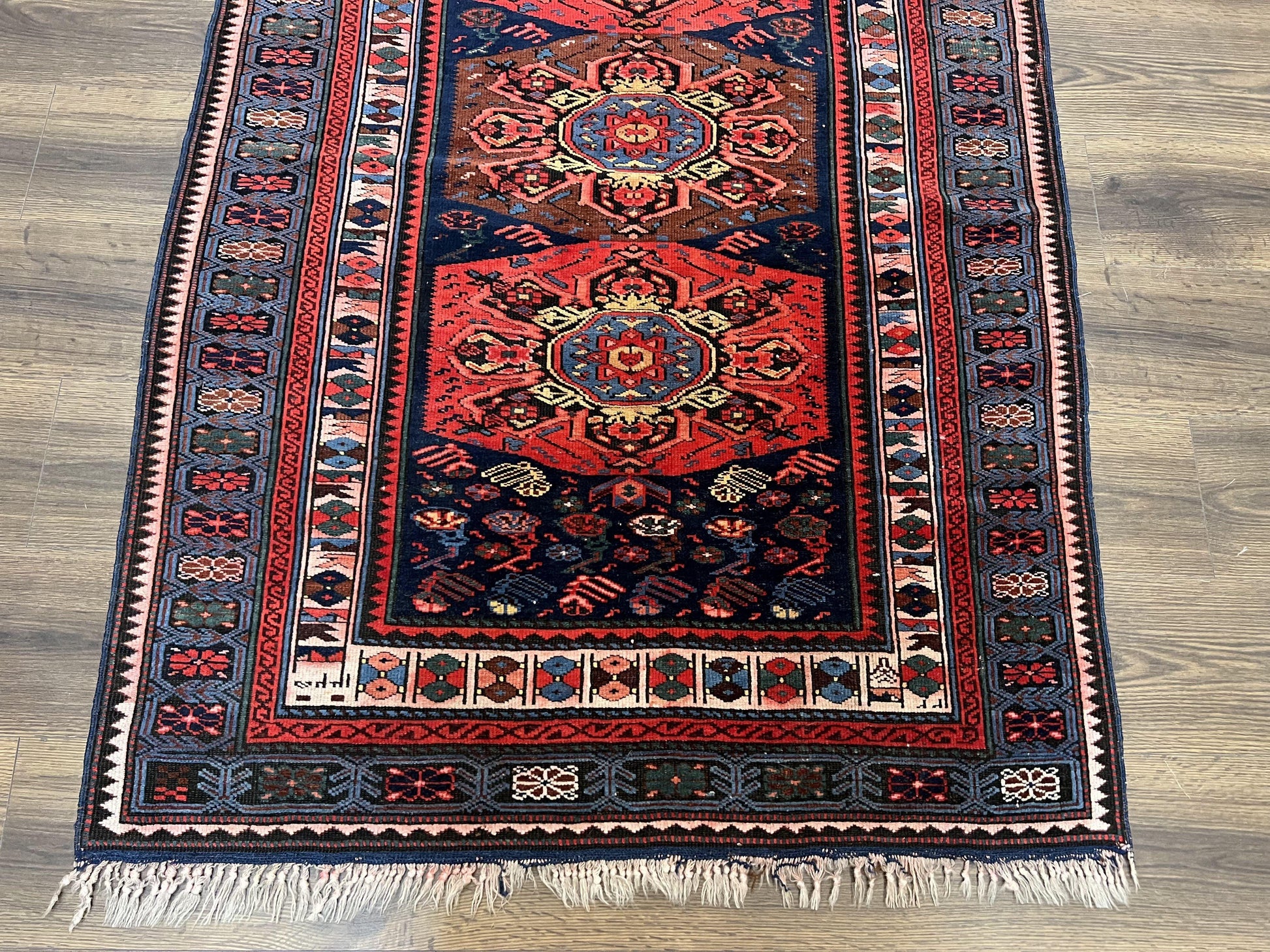 Antique Caucasian Seychour Rug 3.7 x 5.5, Collectible Oriental Carpet, Navy Blue and Red, Fine Kuba Rug, Vintage Rug, Wool Hand Knotted Rug - Nuvé