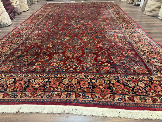 Large Persian Sarouk Rug 10x17, Palace Size Antique Persian Carpet, Red, Floral Allover, Traditional Persian Rug, Oversize Handmade Wool Rug - Nuvé