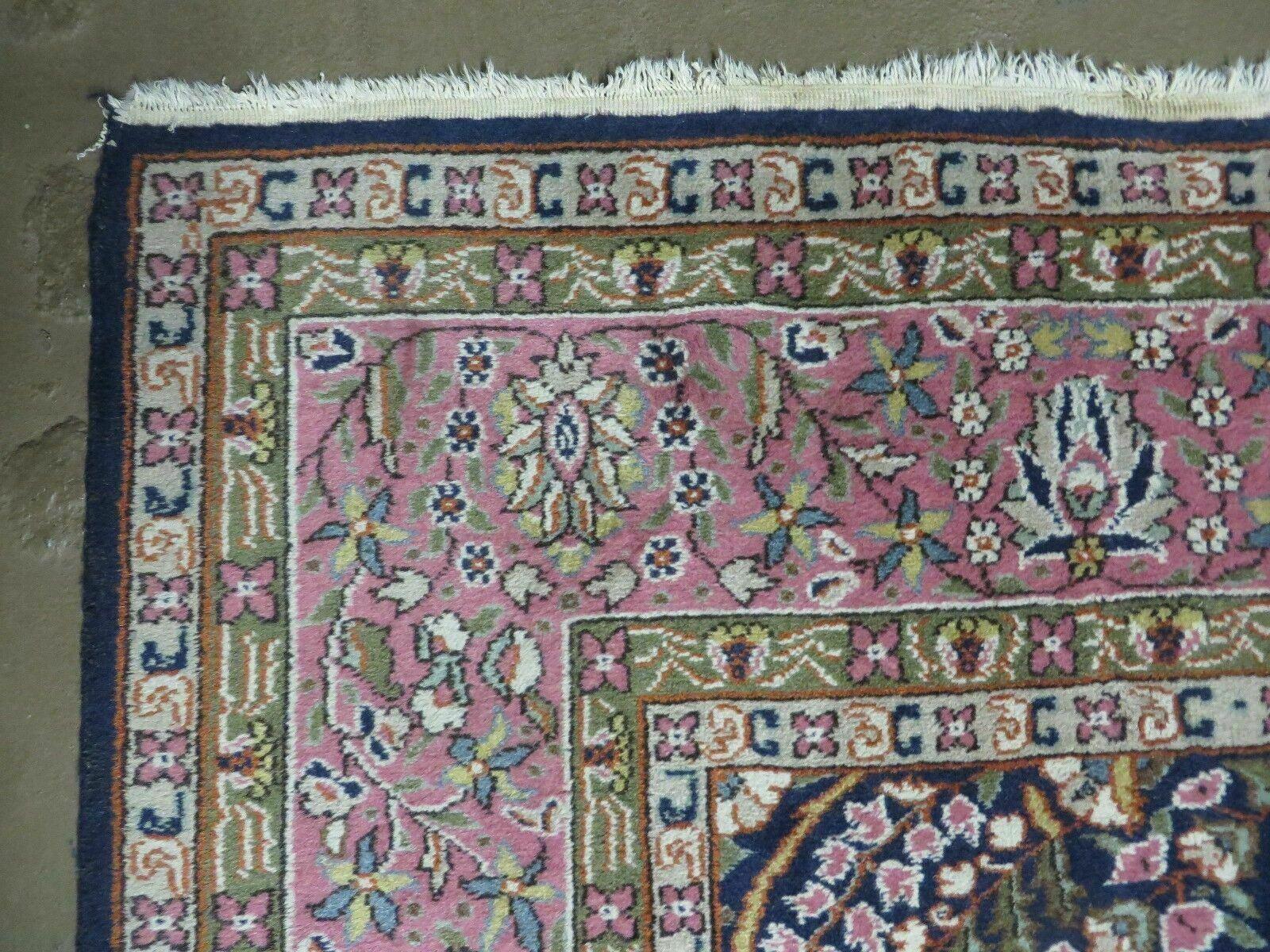 Turkish Sivas Rug 7x11, Navy Blue & Pink, Millifluer Floral Wool Carpet, Vintage - Nuvé
