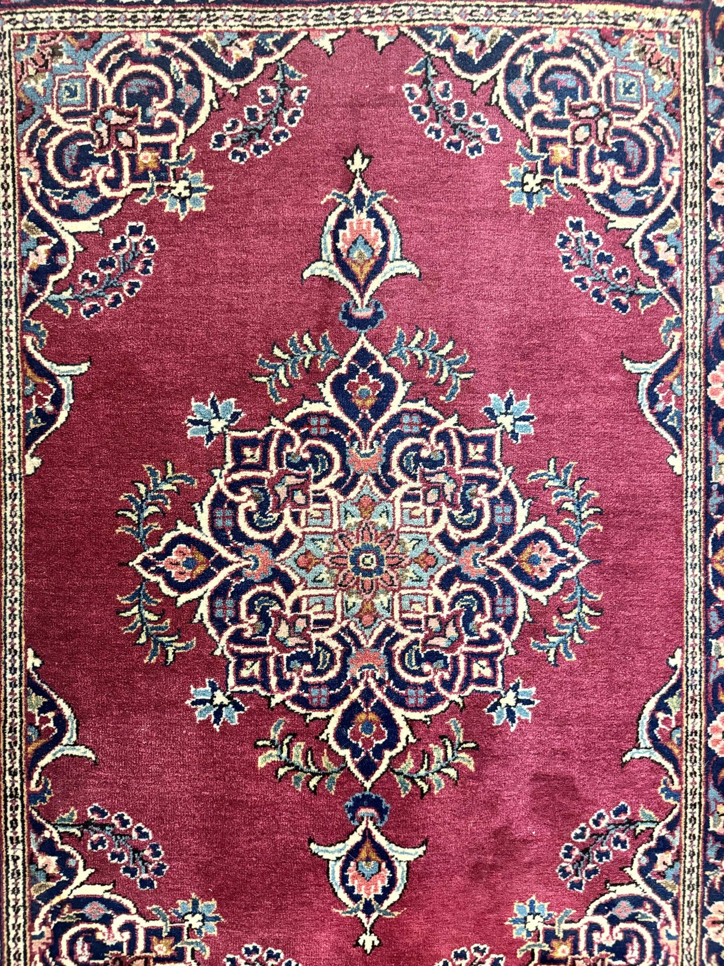 Small Persian Kashan Rug 2x3, Red and Navy Blue, Handmade Vintage Wool Semi Antique Persian Carpet, Semi Open Field - Nuvé