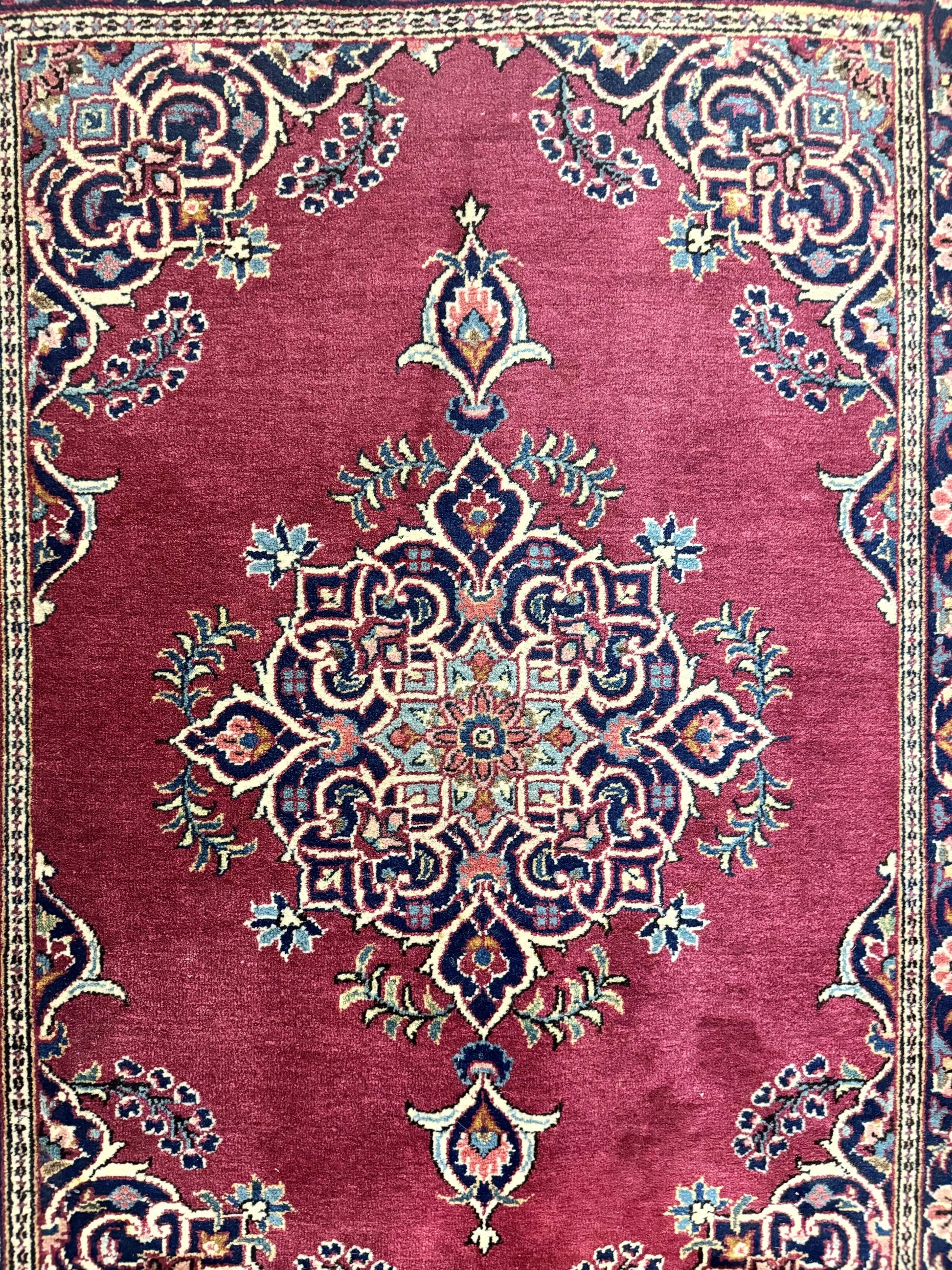Small Persian Kashan Rug 2x3, Red and Navy Blue, Handmade Vintage Wool Semi Antique Persian Carpet, Semi Open Field - Nuvé