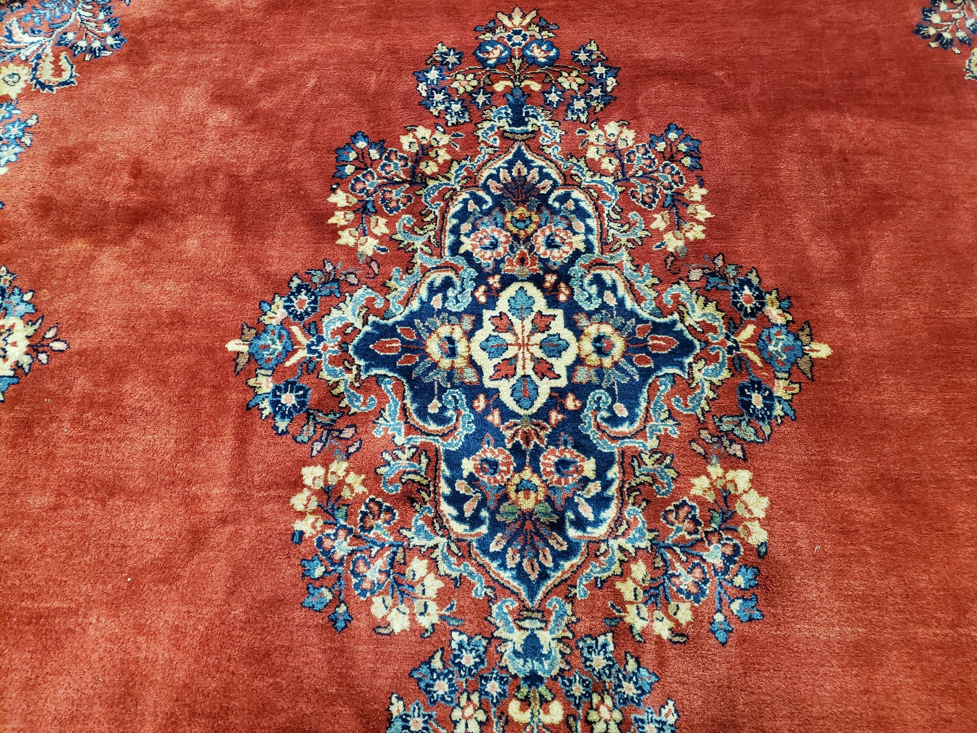 Semi Antique Persian Sarouk Rug 9x12,  Semi Open Field with Central Medallion, Hand Knotted Wool, Tomato Red, 9 x 12 Authentic Oriental Carpet - Nuvé