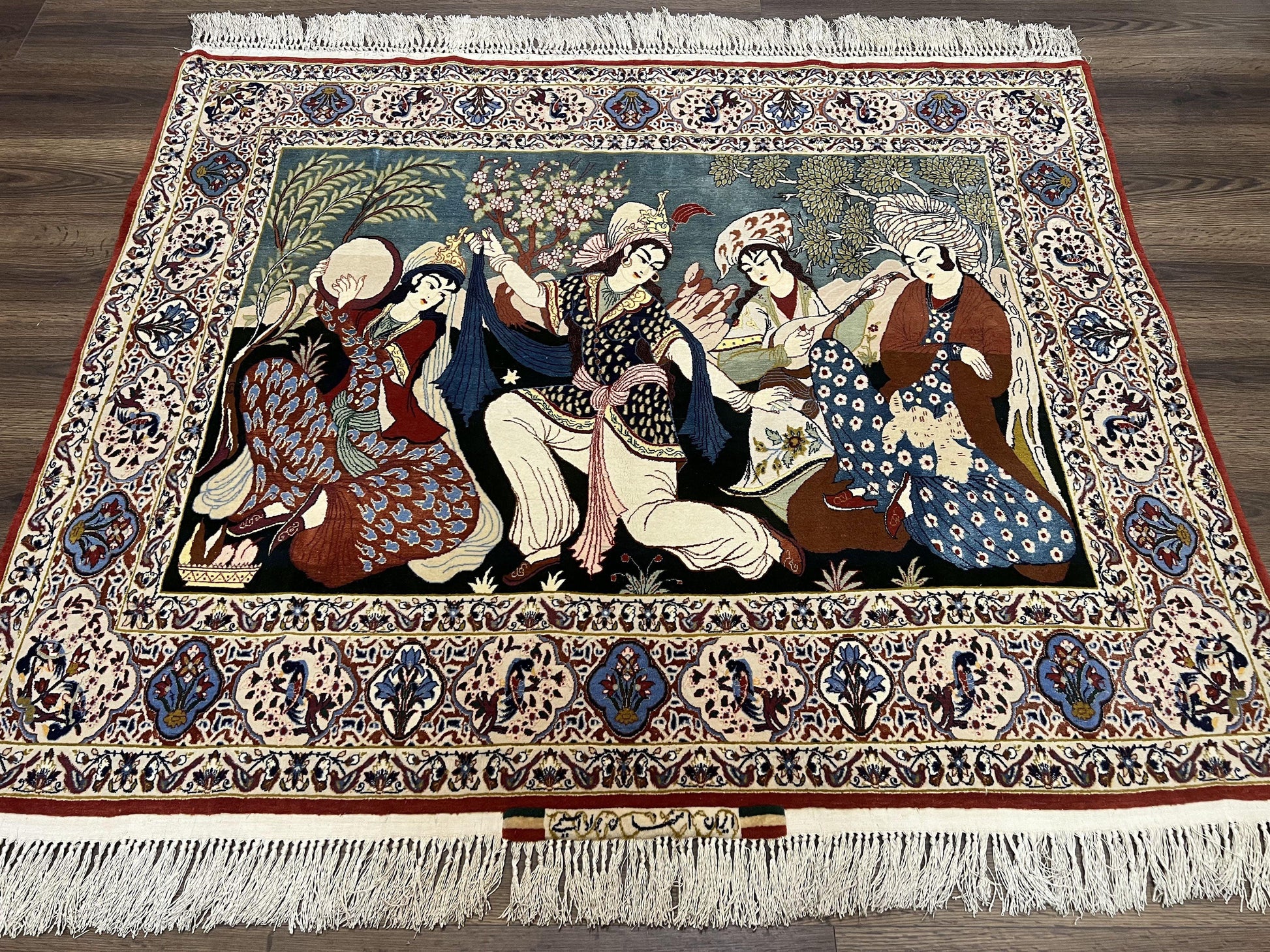 Persian Pictorial Rug 5 x 4 ft, Persian Isfahan Rug, Kork Wool on Silk Foundation, Signature from Master Weaver, Drums and Musical Instruments, Birds, Detailed - Nuvé
