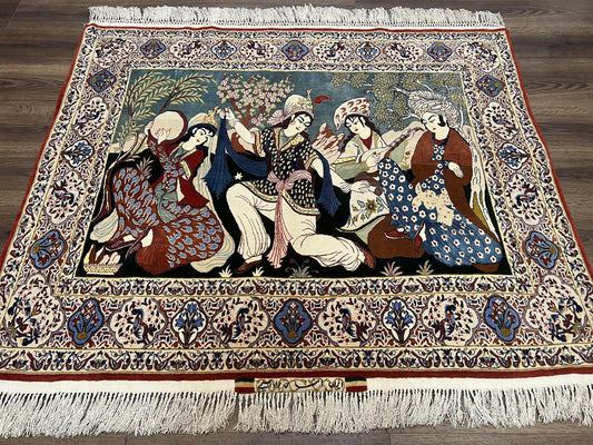 Persian Pictorial Rug 5 x 4 ft, Persian Isfahan Rug, Kork Wool on Silk Foundation, Signature from Master Weaver, Drums and Musical Instruments, Birds, Detailed - Nuvé