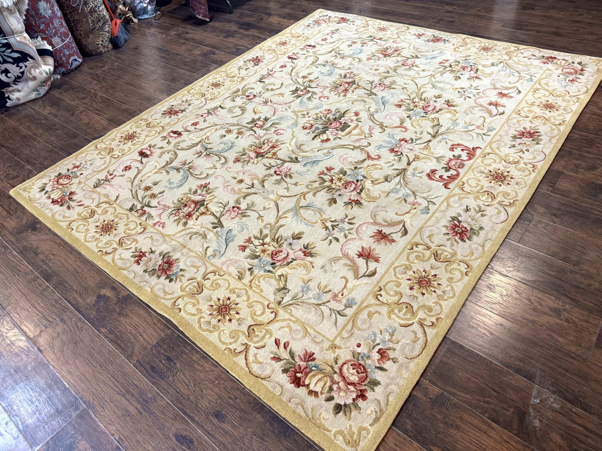 Aubusson Rug 8x10, French European Design, Vintage Handmade Wool Carpet, Aubusson Rug with Pile, Floral - Nuvé