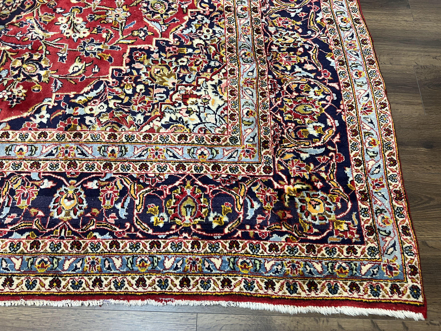 Persian Kashan Rug 9x12, Red Navy Blue, Allover Floral Medallion & Corner Design, Handmade Wool Oriental Carpet, Semi Antique Traditional Carpet - Nuvé