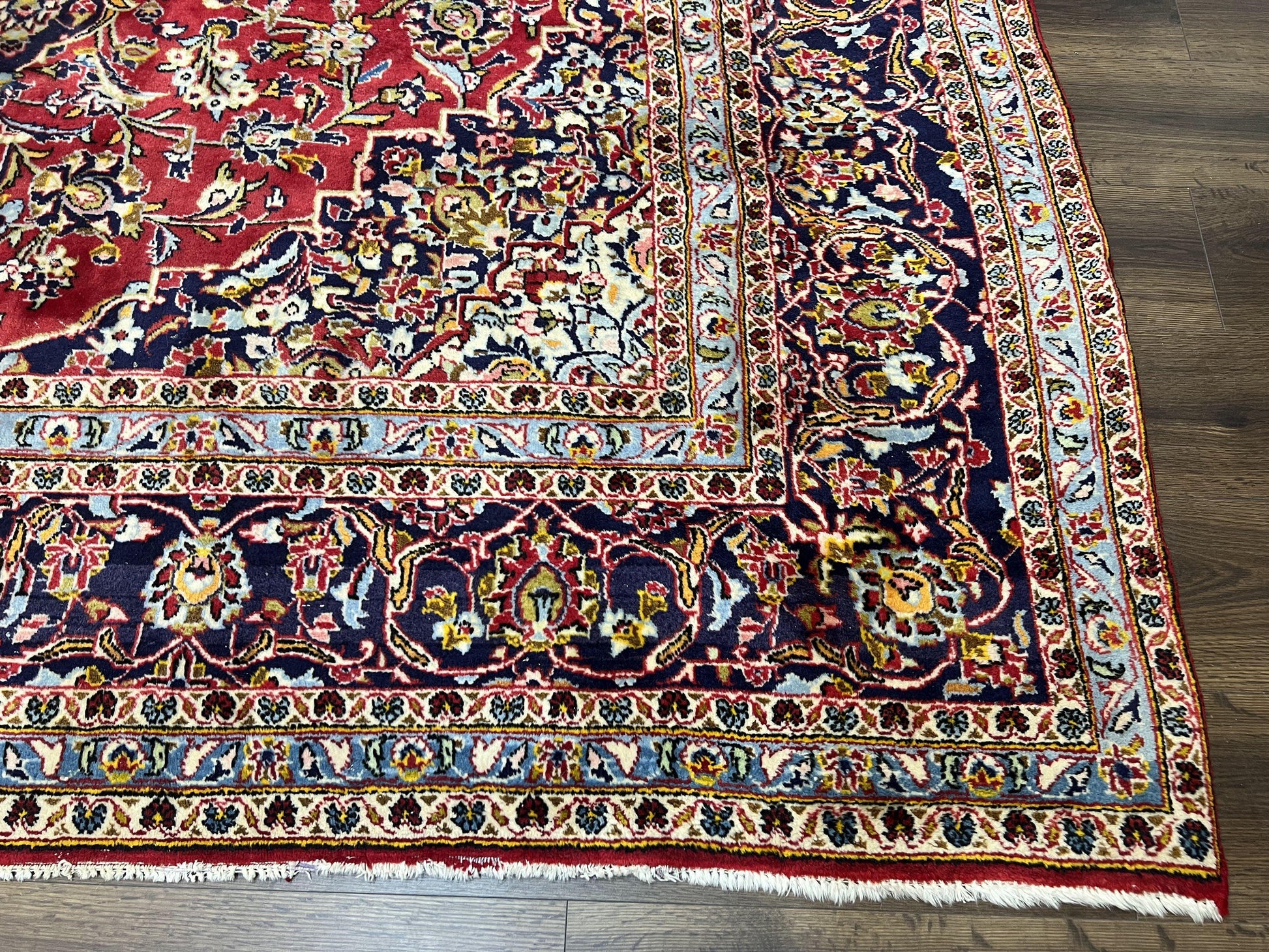 Persian Kashan Rug 9x12, Red Navy Blue, Allover Floral Medallion & Corner Design, Handmade Wool Oriental Carpet, Semi Antique Traditional Carpet - Nuvé