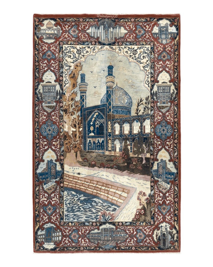 Persian Isfahan Pictorial Rug 3.6 x 5.7, Very Fine 400 KPSI, Historical Buildings, Signed By Masterweaver, Handmade