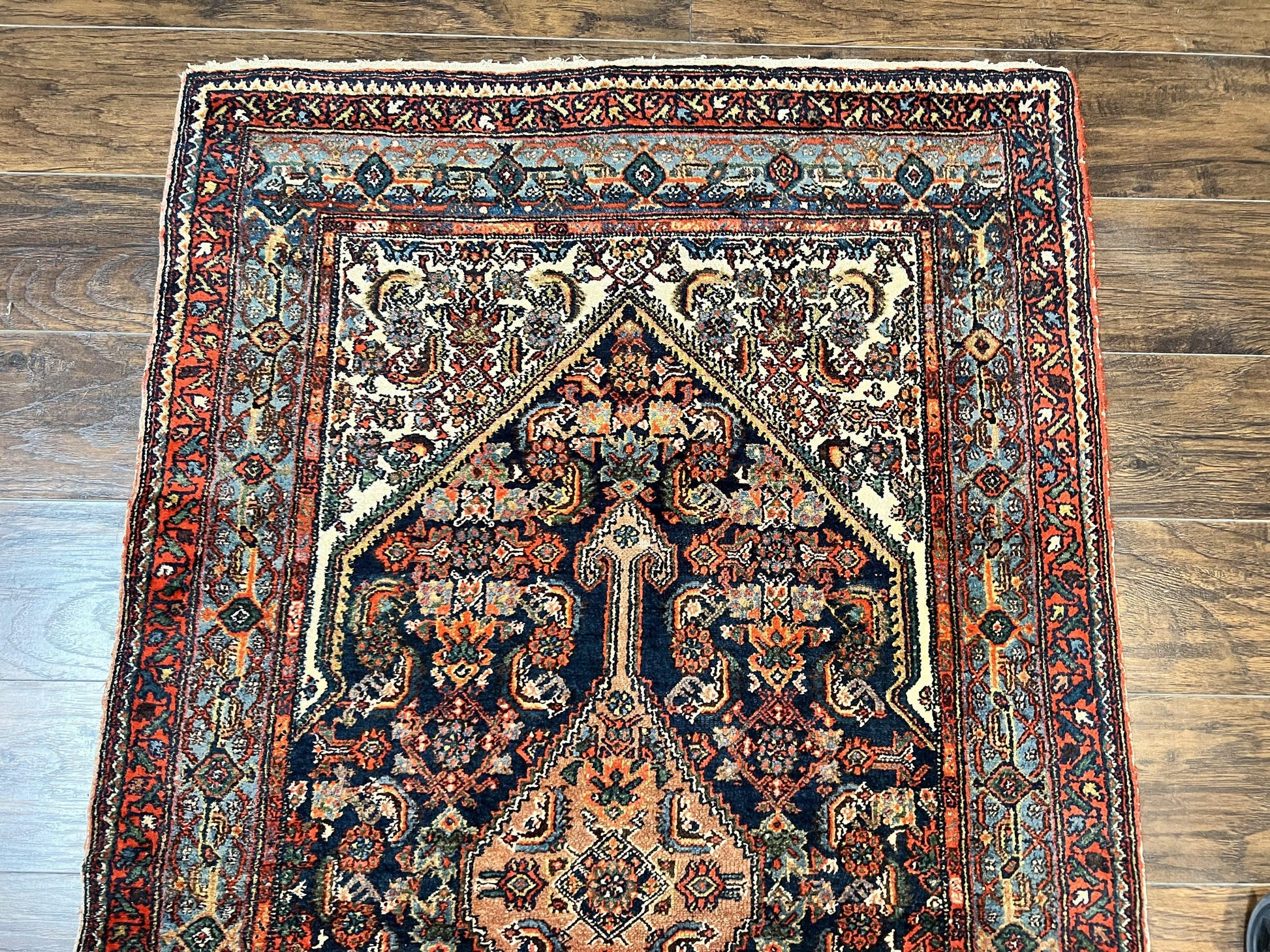 Antique Persian Runner Rug 3.7 x 15.8, Navy Blue Multicolor, Hand Knotted Handmade Wool Rug for Hallway, Geometric Medallions, Persian Hamadan Rug - Nuvé