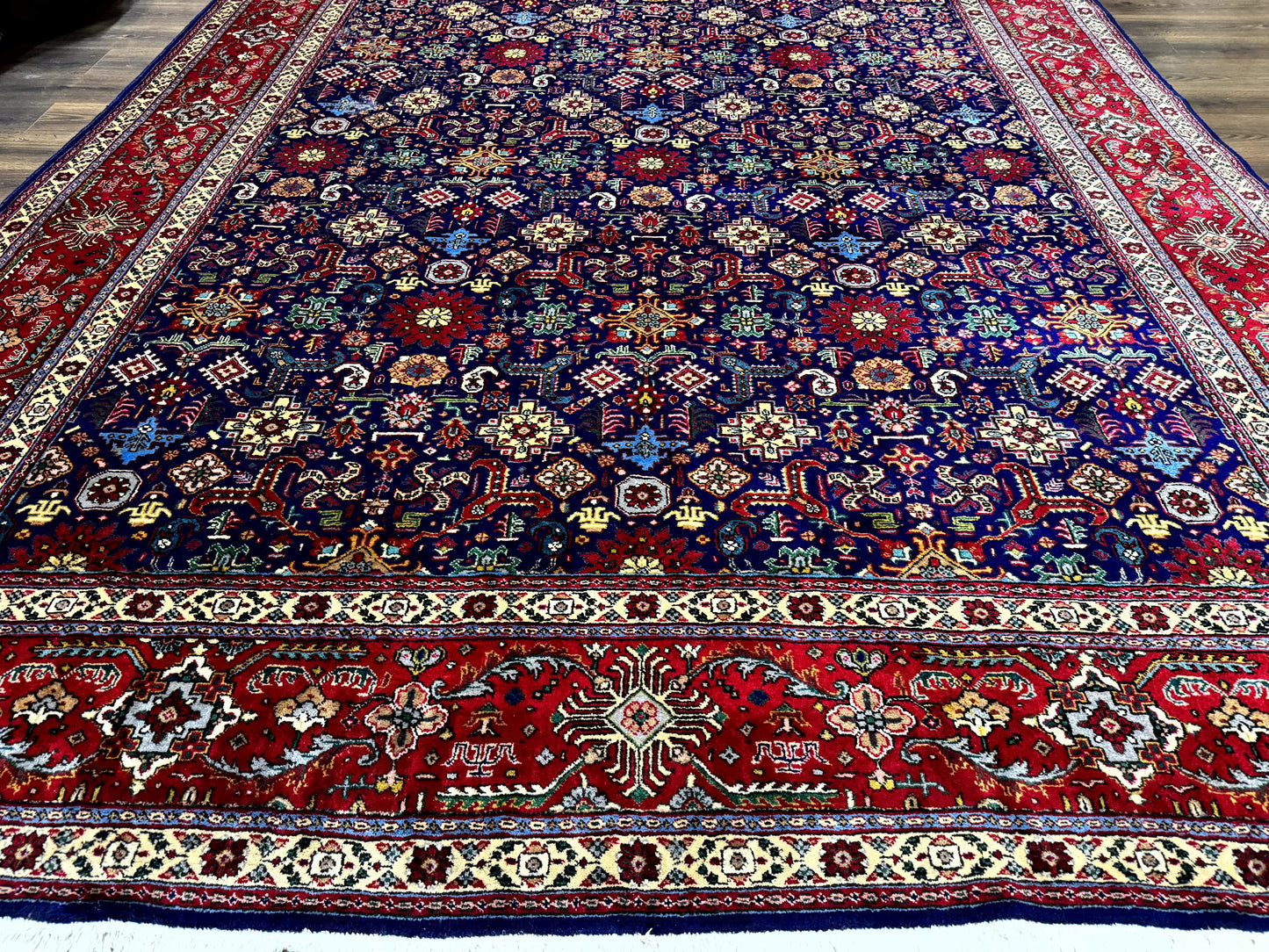 Large Persian Tabriz Rug 10x16, Navy Blue and Red, Allover Pattern, Vintage Hand Knotted Wool Carpet - Nuvé