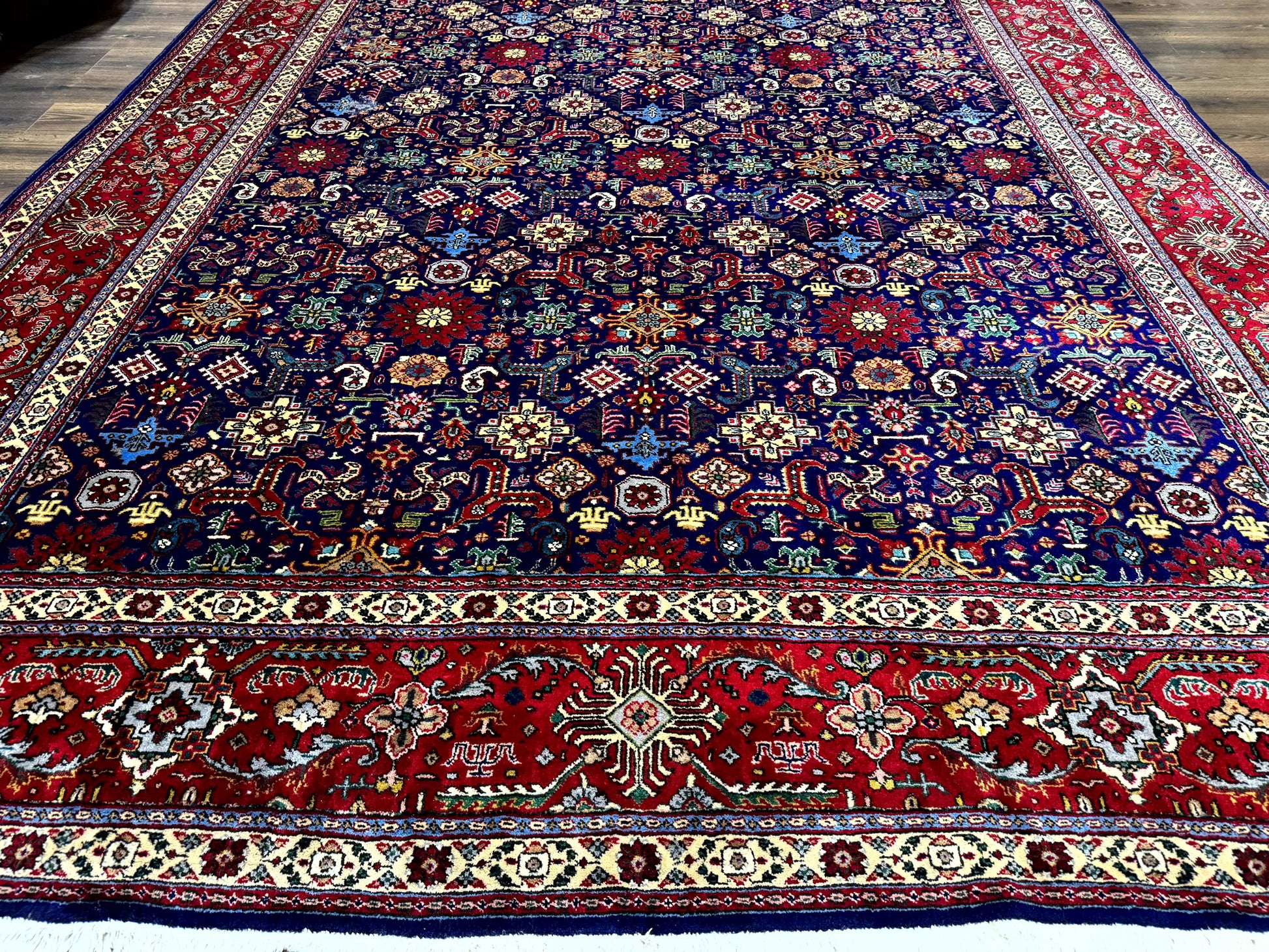Large Persian Tabriz Rug 10x16, Navy Blue and Red, Allover Pattern, Vintage Hand Knotted Wool Carpet - Nuvé