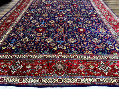 Large Persian Tabriz Rug 10x16, Navy Blue and Red, Allover Pattern, Vintage Hand Knotted Wool Carpet - Nuvé
