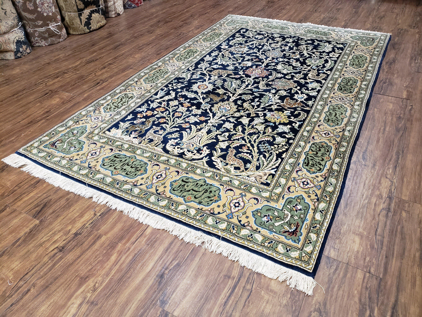 Semi Antique Persian Qum Tree of Life Rug, Hand-Knotted, Wool, Midnight Blue and Tan, Animal Pictorials, Written Poem in Borders, 4' 8" x 7' 8" - Nuvé