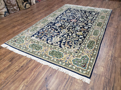 Semi Antique Persian Qum Tree of Life Rug, Hand-Knotted, Wool, Midnight Blue and Tan, Animal Pictorials, Written Poem in Borders, 4' 8" x 7' 8" - Nuvé