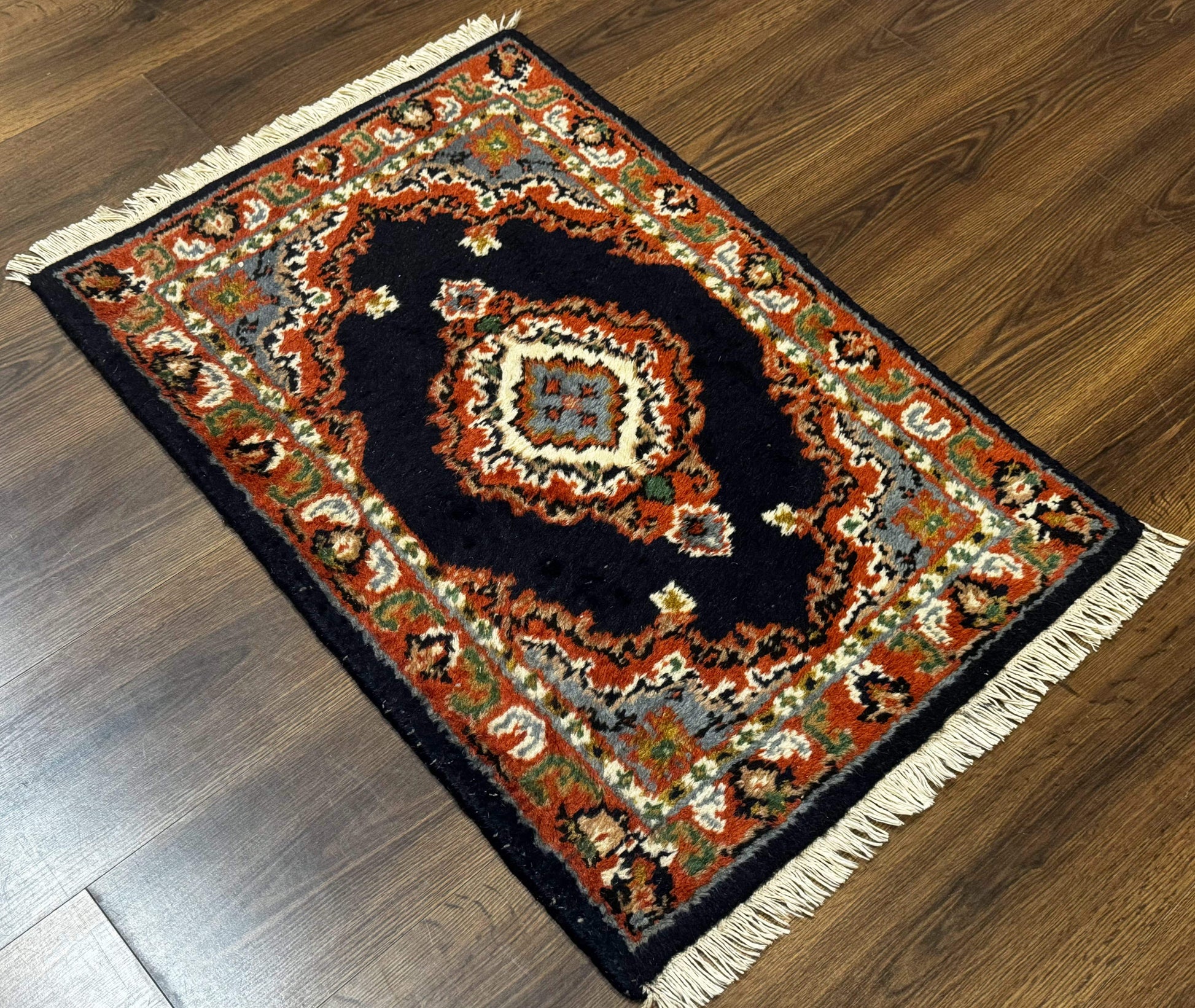 Small Indo Persian Rug 2x3, Navy Blue & Terracotta, Wool, Handmade - Nuvé