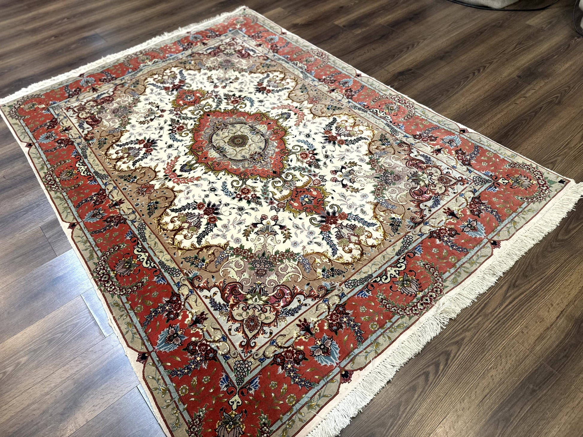 Wonderful Persian Tabriz Rug 5x7, Very Fine 440 KPSI, Ivory and Coral, Rare - Nuvé