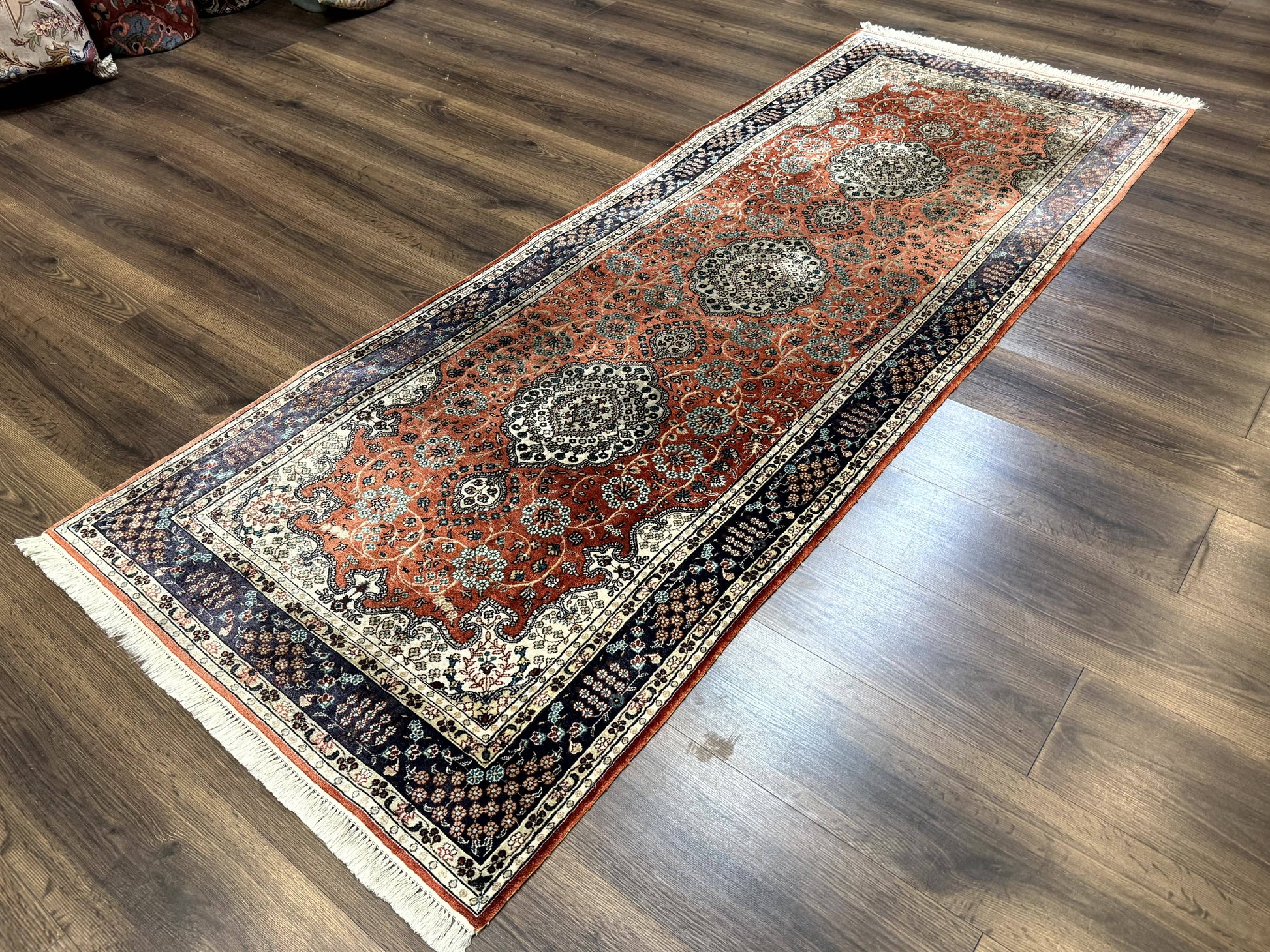 Turkish Silk Runner Rug 3x8, Short Runner Rug, Red, Floral Medallions, Very Fine 360 KPSI, 3 x 8 Runner - Nuvé