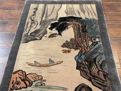 Chinese Silk Wall Hanging 3x5, Handmade, River and Boat Scene, Rug Tapestry - Nuvé