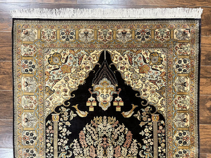 Wonderful Sino Persian Silk Rug 4x6, Tree of LIfe Design, Masterpiece 575 KPSI, Birds, Prayer Rug, Black, Silk on Silk - Nuvé