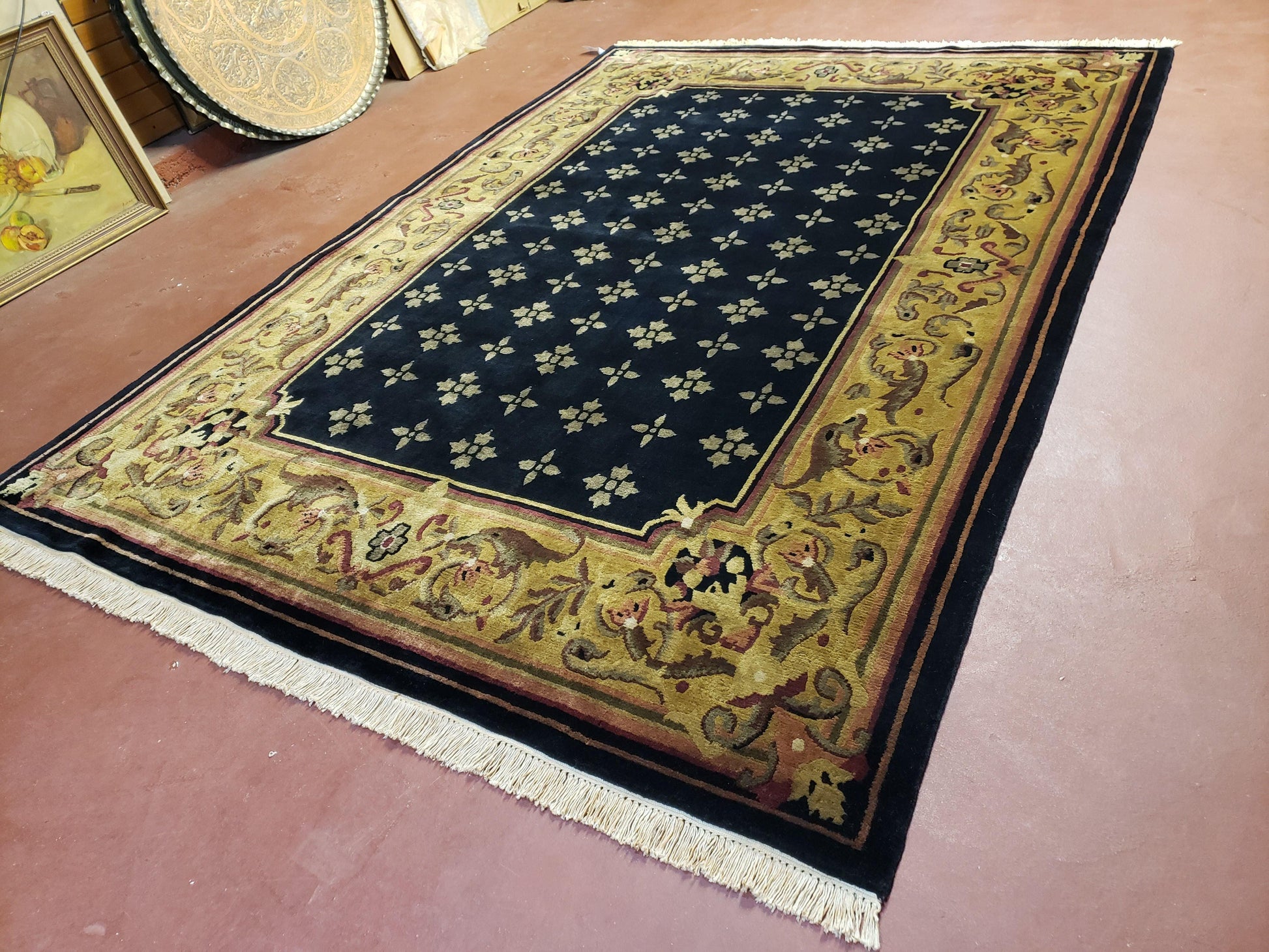 6x9 Aubusson Design Nepali Tibetan Rug Black & Tan Hand-Knotted Wool Carpet Soft Plush Pile New Rug Nice - Nuvé