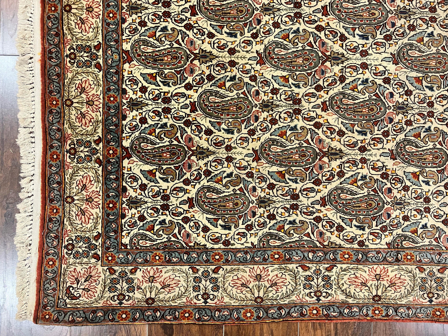 Persian Qum Rug 5x6, Cream Wool Hand Knotted Carpet, Repeated Boteh Paisely Design, Semi Antique Vintage Rug, Very Fine Weave 5 x 6 Rug - Nuvé
