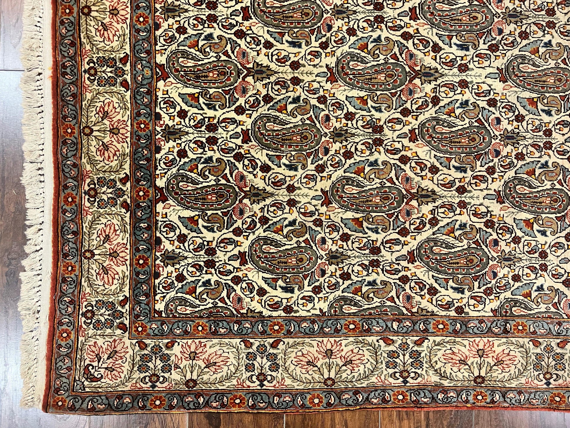 Persian Qum Rug 5x6, Cream Wool Hand Knotted Carpet, Repeated Boteh Paisely Design, Semi Antique Vintage Rug, Very Fine Weave 5 x 6 Rug - Nuvé