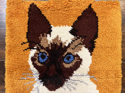 Small Shag Rug with Siamese Cat Pictorial, 2x3 ft Rug, Wool, Vintage, Danish Rya Shag Rug, Orange - Nuvé