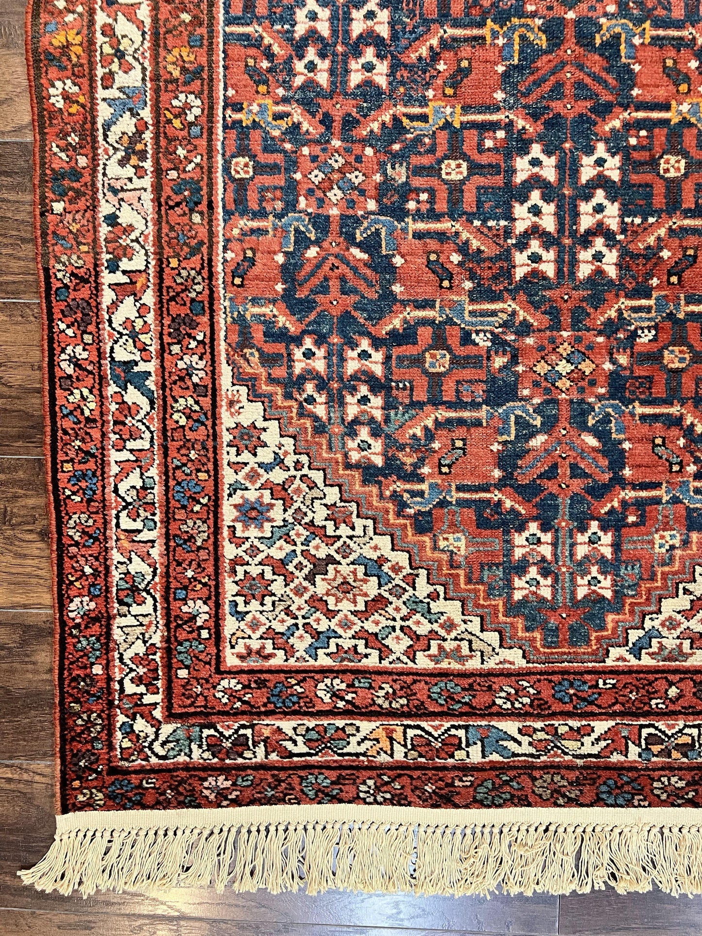 Persian Malayer Rug 4x7, Tribal Rug, Geometric, Antique Oriental Carpet, Red Blue Cream, Boho Rug, Hand Knotted Wool Rug - Nuvé
