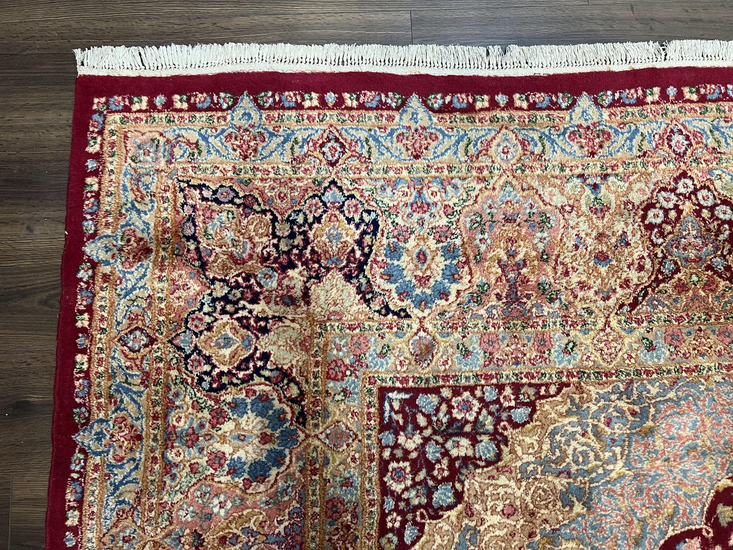 Persian Rug 9x12, Kirman DeLuxe, Millefleur Floral Medallion Carpet, Maroon Light Blue Beige, Semi Antique Authentic Hand Knotted Wool Rug - Nuvé
