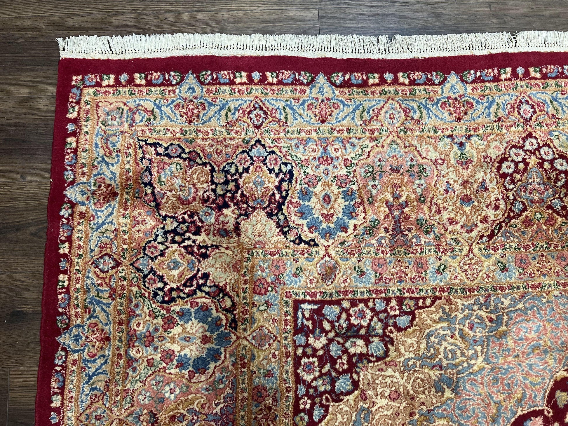 Persian Rug 9x12, Kirman DeLuxe, Millefleur Floral Medallion Carpet, Maroon Light Blue Beige, Semi Antique Authentic Hand Knotted Wool Rug - Nuvé