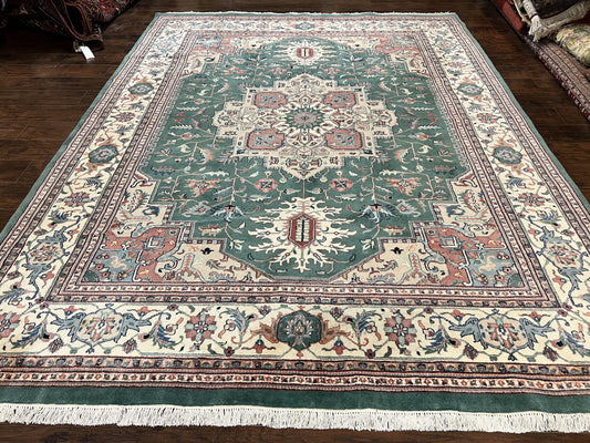 Indo Heriz Rug 9x12, Geometric Oriental Carpet, Room Sized Wool Handmade Hand Knotted Vintage Green and Cream Area Rug, Indian Rug 9 x 12 - Nuvé