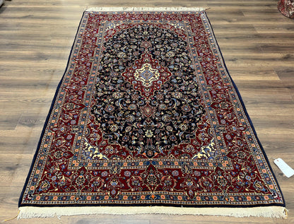 Dark Blue Persian Rug 5x8, Kork Wool Semi Antique Kashan Carpet, Very Fine Lachak Toranj Rug, Hand Knotted Floral Medallion Rug, 5 x 8 Oriental Rug - Nuvé