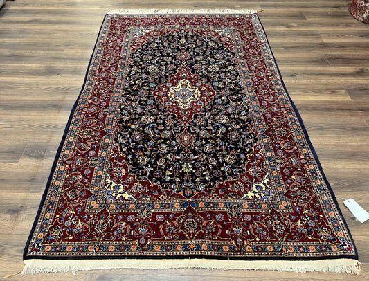 Dark Blue Persian Rug 5x8, Kork Wool Semi Antique Kashan Carpet, Very Fine Lachak Toranj Rug, Hand Knotted Floral Medallion Rug, 5 x 8 Oriental Rug - Nuvé