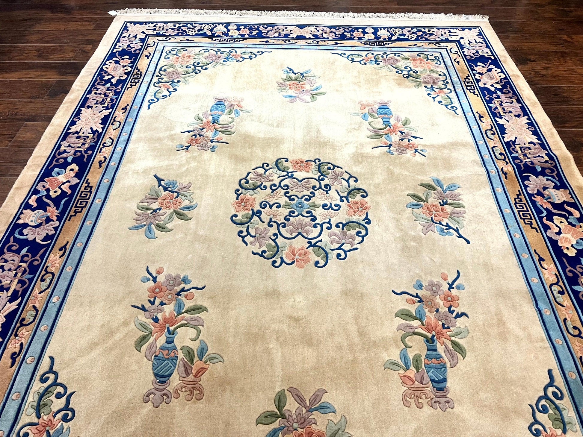 Chinese Wool Rug 8x11, Peking Asian Oriental Carpet, Cream/Ivory and Blue, Vintage Handmade Rug, Art Deco Rug - Nuvé