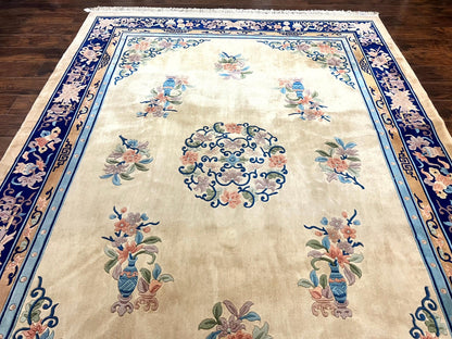 Chinese Wool Rug 8x11, Peking Asian Oriental Carpet, Cream/Ivory and Blue, Vintage Handmade Rug, Art Deco Rug - Nuvé