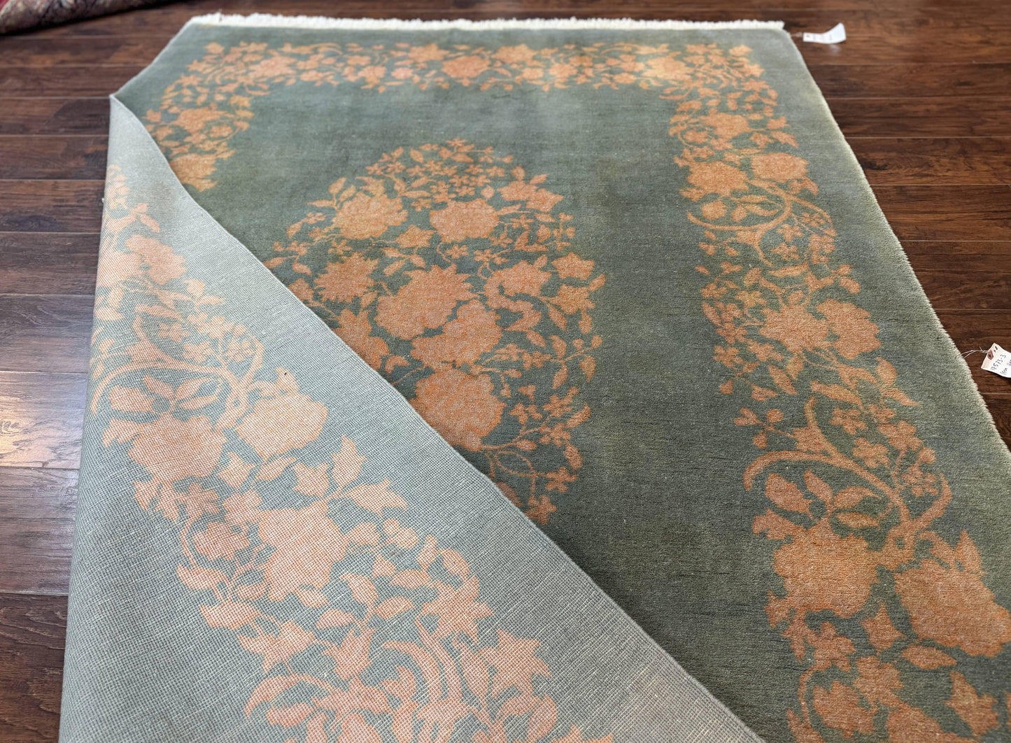 Teal Chinese Wool Rug 6x8, Vintage Handmade Carpet, Floral, Semi Open Field - Nuvé