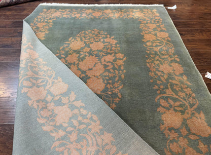 Teal Chinese Wool Rug 6x8, Vintage Handmade Carpet, Floral, Semi Open Field - Nuvé