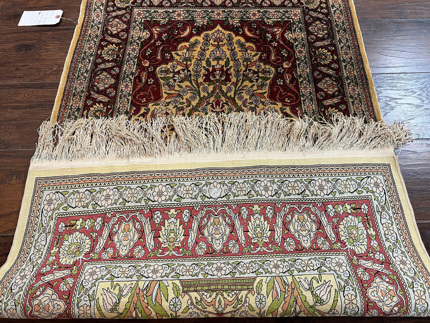 Wonderful Silk Turkish Hereke Prayer Rug 2.8 x 4.5, Tree of Life Design, Signature from Master Weaver, Gold and Burgundy, Handmade, 625 KPSI - Nuvé