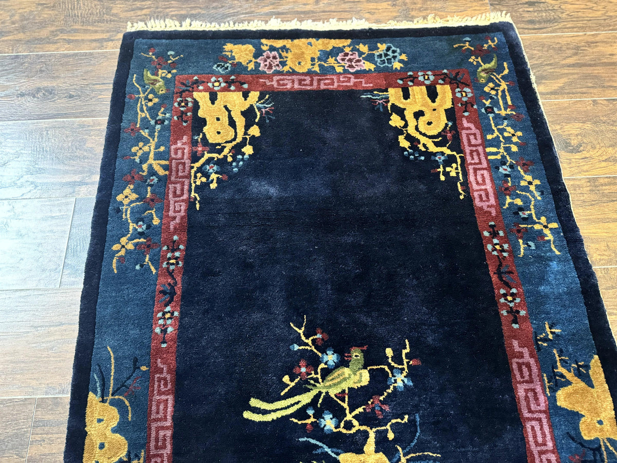 Antique Chinese Peking Rug 3x6, Dark Blue, Bird Motif, Handmade Wool Art Deco Asian Oriental Carpet, Pair B
