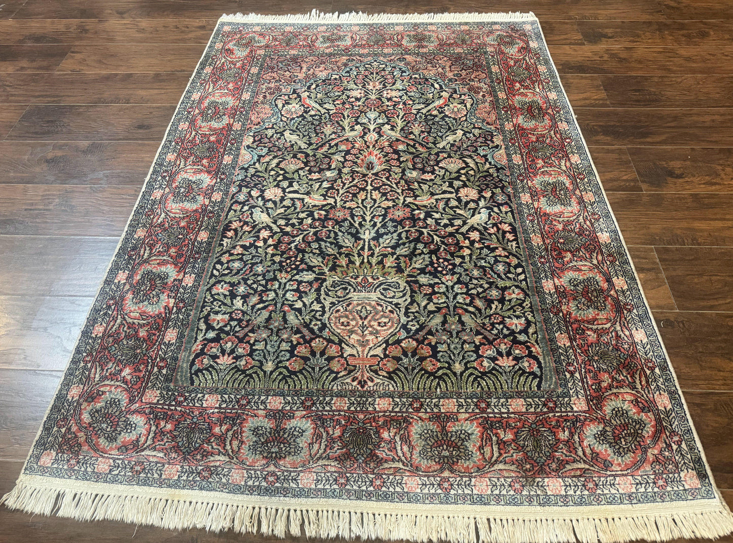 Silk Indian Kashmiri Rug 4x6, Tree of Life Pattern, Birds, Fine 290 KPSI, Navy Blue and Red, Handmade Oriental Carpet - Nuvé